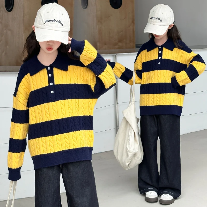 

Autumn winter teen girls polo collar striped fried Dough Twists sweater wide leg jeans child casual sweaters denim pants outfits