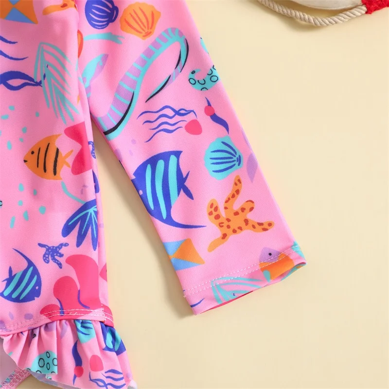 Children s Girls Two-Piece Swimsuit Set with Cute Sea Creature Print Long Sleeve Rash Guard and Stand Collar for Summer Beach