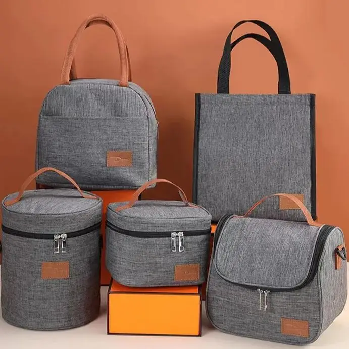 حقيبة غداء عازلة باللون الرمادي المحمولة للمكتب والعمل والمدرسة الكورية من قماش أكسفورد للنزهات