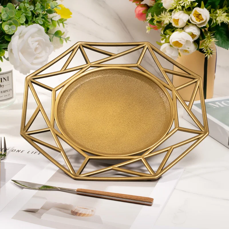 4Pcs/pack 13 Inch Gold Geometric Pattern Charging Tray Modern Hollow Octagonal Decorative Dinner Tray Suitable