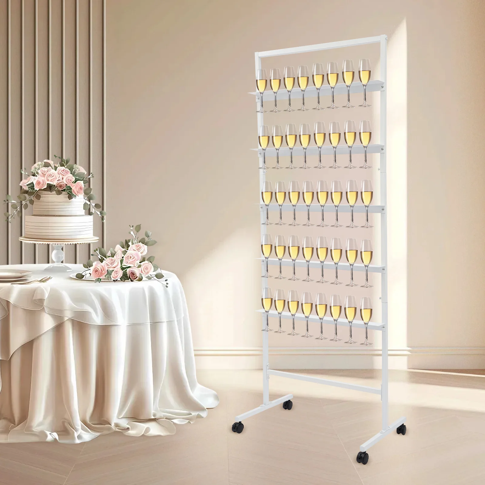 

5-Tier Champagne Glass Rack, Stackable Wine Glass Holder Stand with Swivel Casters, White Sturdy Steel Frame, Max Load 50lbs
