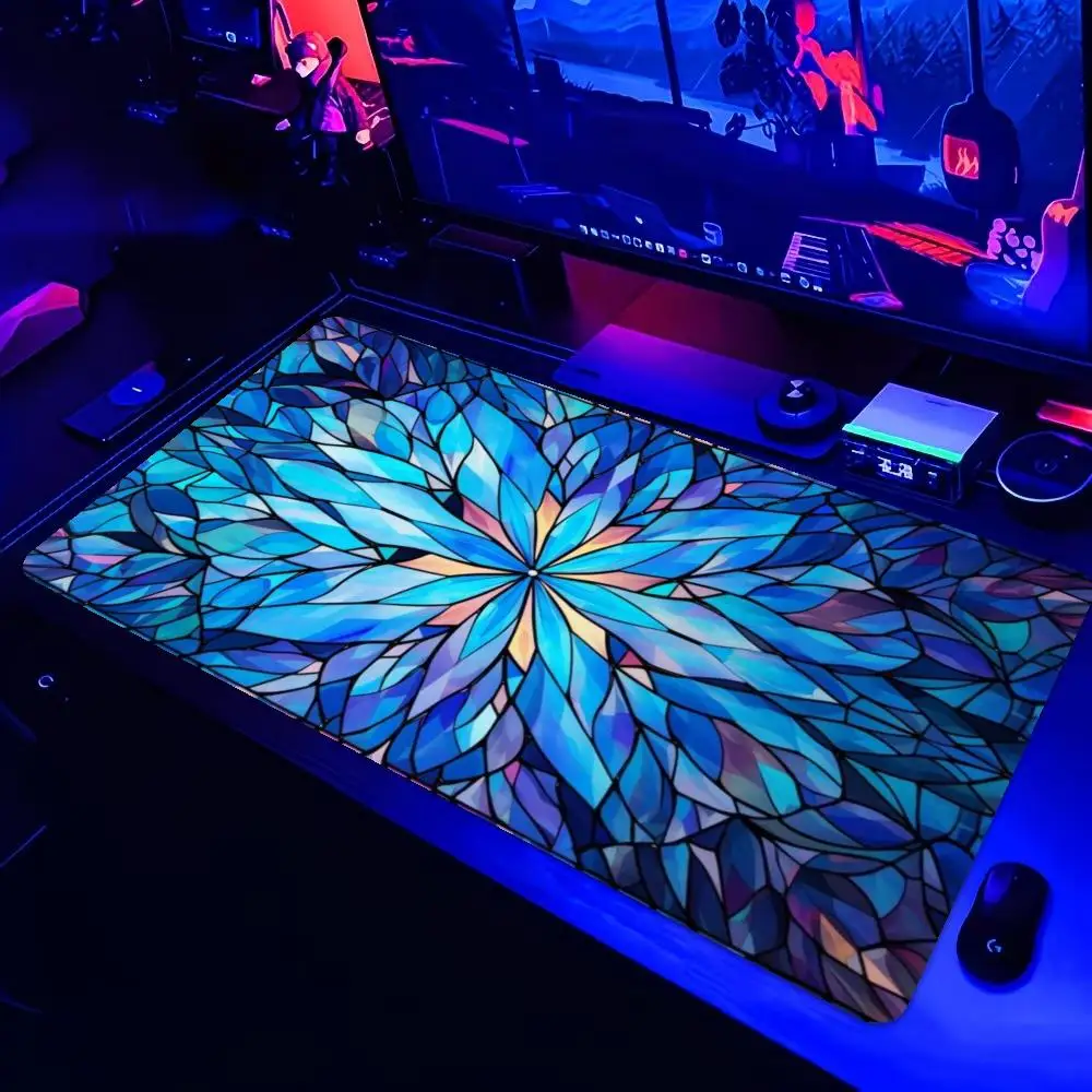 Large Gaming Mouse Pad XXL Blue Mandala Stained Glass Floral Non Slip Desk Mat For PC Laptop Keyboard Elegant Art Desktop Pad