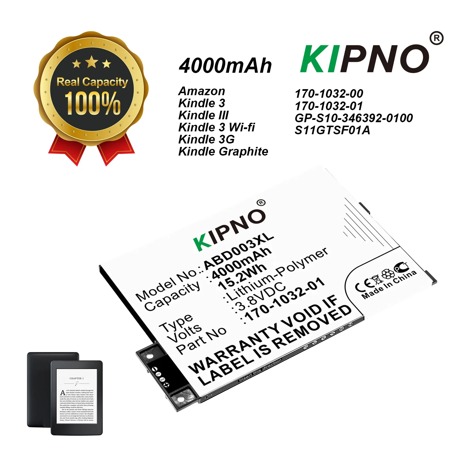 

KIPNO 4000mAh Battery Fr Amazon 170-1032-00 170-1032-01 GP-S10-346392-0100 S11GTSF01A Kindle III 3 Wi-fi 3G Graphite