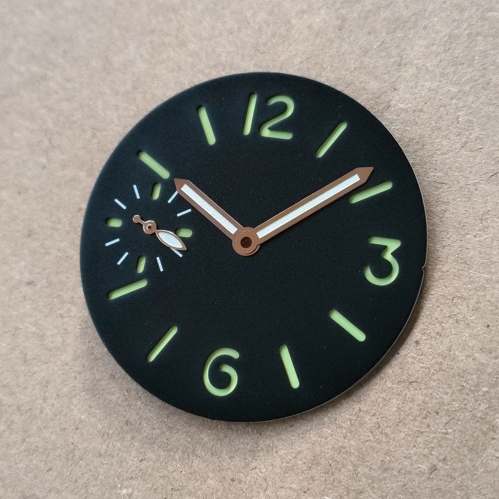Watch parts No logo watch dial 34.5mm Sandwich black dial green number Thickness 0.8mm Suitable for ETA6497 ST3600 movement