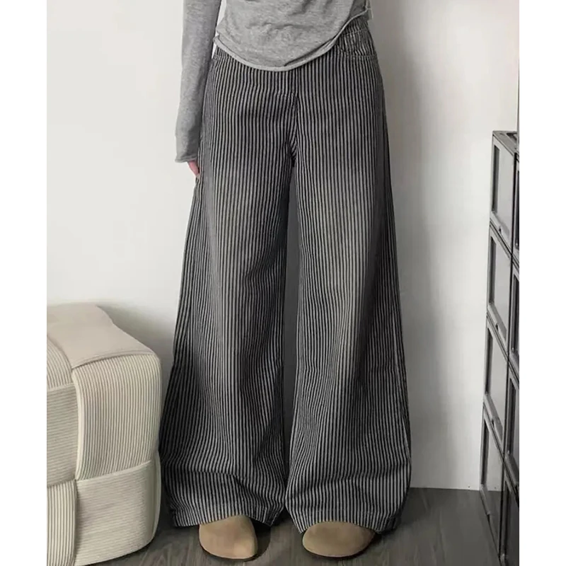 

American Vintage Striped Jeans Women Classic Simple High Waisted Wide Leg Pants Straight Casual Harajuku Y2K Street Denim Pants
