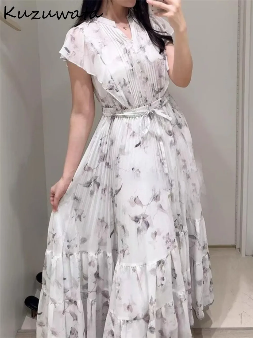 

Kuzuwata Fresh New Ruffles Flying Sleeve Robe Ruched Slim Waist Print Lace Up Mujer Japan Sweet Casual Big Swing French Dress