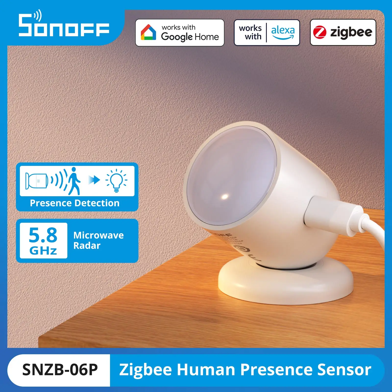 SONOFF SNZB-06P Zigbee 3.0 Human Presence Sensor Smart Home Light sensing Microwave radar Works with eWeLink Alice Alexa Google