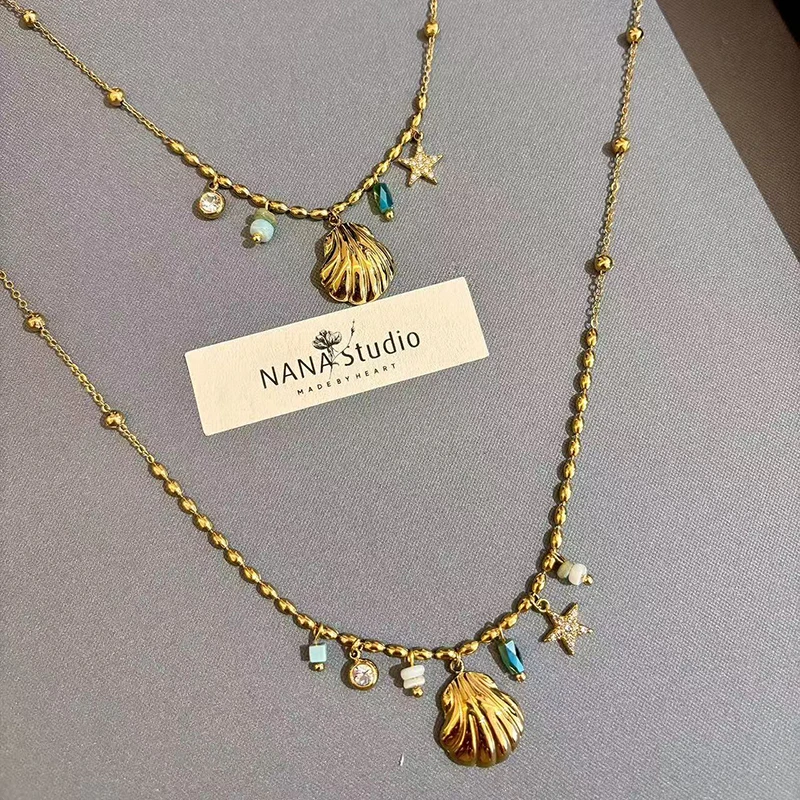 Sommerliche böhmische goldfarbene Anhänger-Halskette für Damen, Edelstahl, Meerjungfrauen-Schlüsselbeinkette, Schmuck-Accessoire, nicht verblassend, trendig – Detail 5