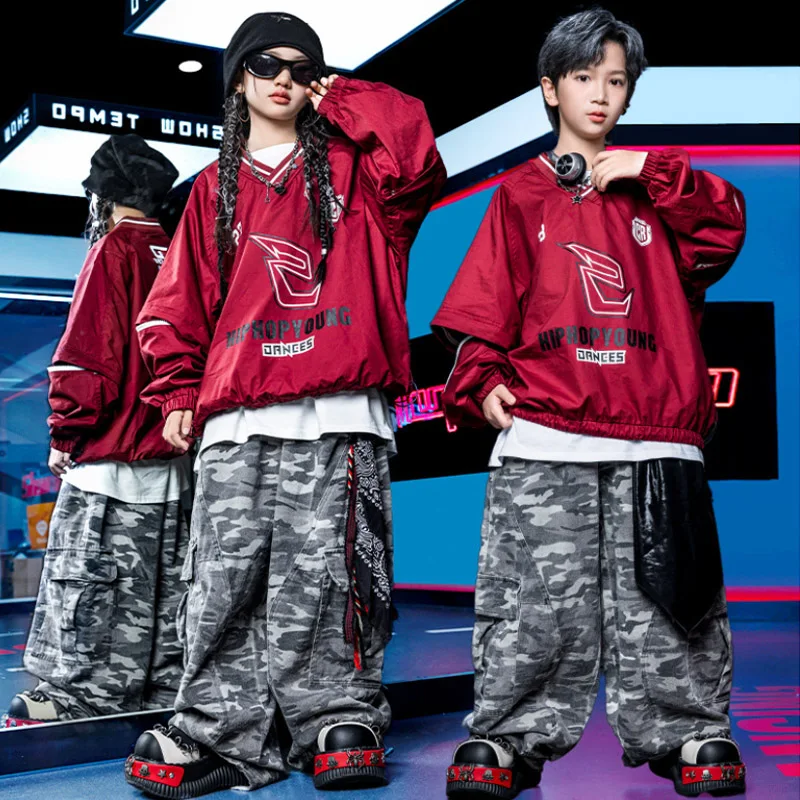 

Одежда в стиле хип-хоп, детский костюм для джазовых танцев для мальчиков, красный топ, камуфляжные брюки, наряд для уличных танцев, сценический наряд VDL4855