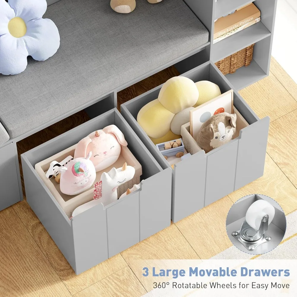 61.5 زاوية قراءة للأطفال مع رف كتب مكون من 3 طبقات، زاوية قراءة للأطفال مع مقعد مزدوج وأدراج دوارة، ورف كتب وشارع ألعاب