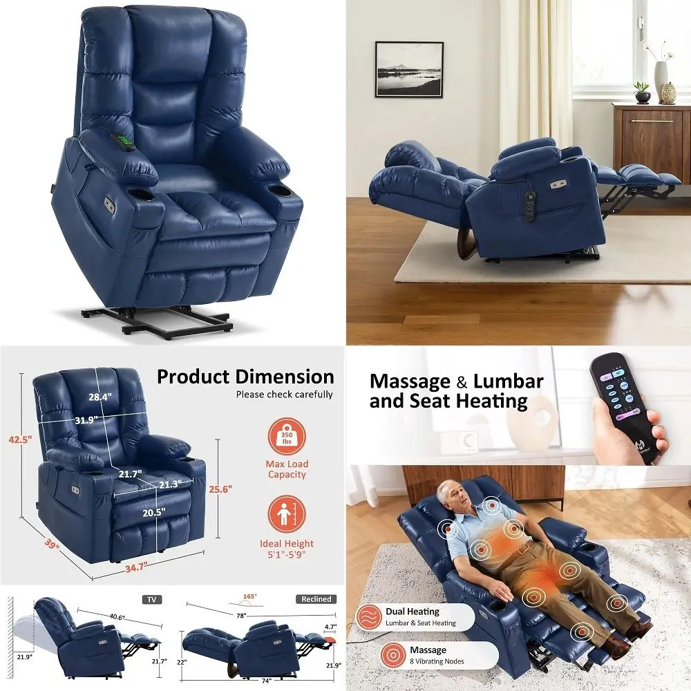 

Triple Motor Power Lift Recliner Chair with Massage and Dual Heating, Adjustable Headrest for Elderly People, Faux Leather 7632