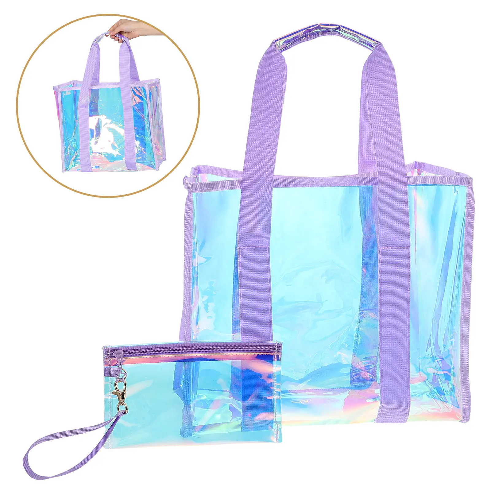 

1Set Large Capacity Waterproof Beach Tote Bag Women's Holographic PVC Pool Tote Clear Travel Bag for Summer Outings Storage