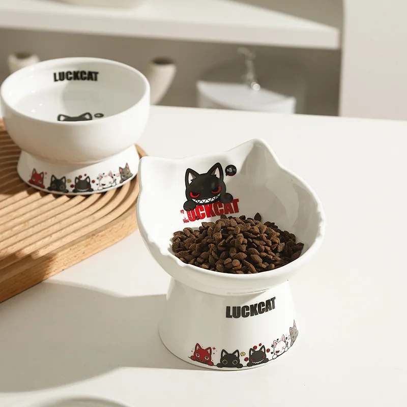 Luckcat Cat Bowl Ceramic Protective Cervical Spine Drinking Bowl Cute Oblique Mouth Anti-Tumble Pet Rice Bowl Cat Food Basin