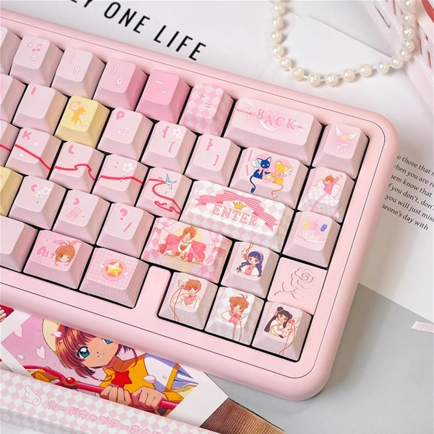 Cartoon Sakura Anime Cherry Keycap PBT 132 Key, Specially Customized for 60/64/84/98/108 Girls' Mechanical Keyboard