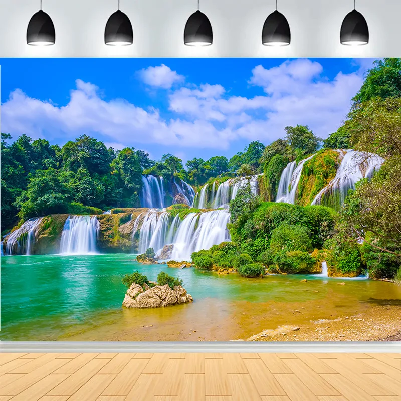 

Fresh Blue Natural Waterfall Beauty Lake Photography Backdrops Grass Landscape River Beach Park Cove Photo Background PB-03