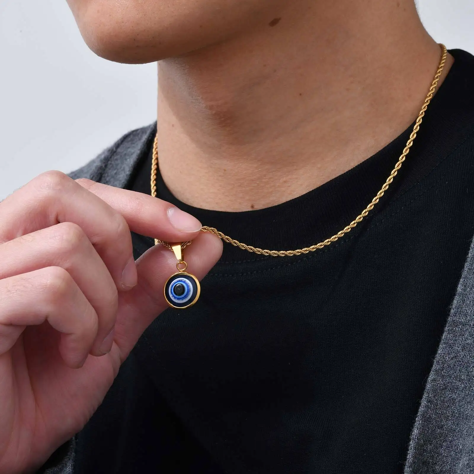 Lässige böse blaue Augen-Halsketten für Männer und Jungen, runder Anhänger aus Edelstahl, ethnisches türkisches Amulett, Geschenke, Schmuck – Detail 2
