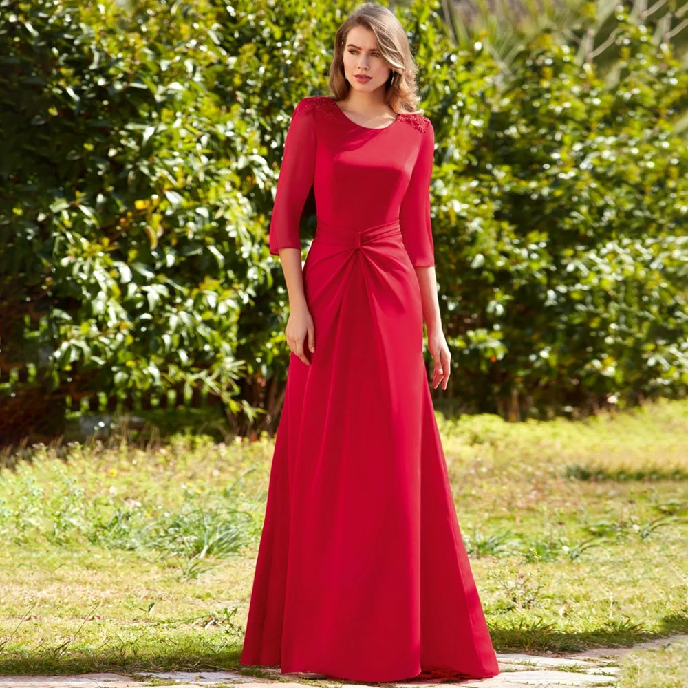 Red Wedding Guest Dresses for Women 2025 A Line Scoop Mermaid Formal Party Gowns Long Applique 3/4 Sleeves Trumpet Evening Dress