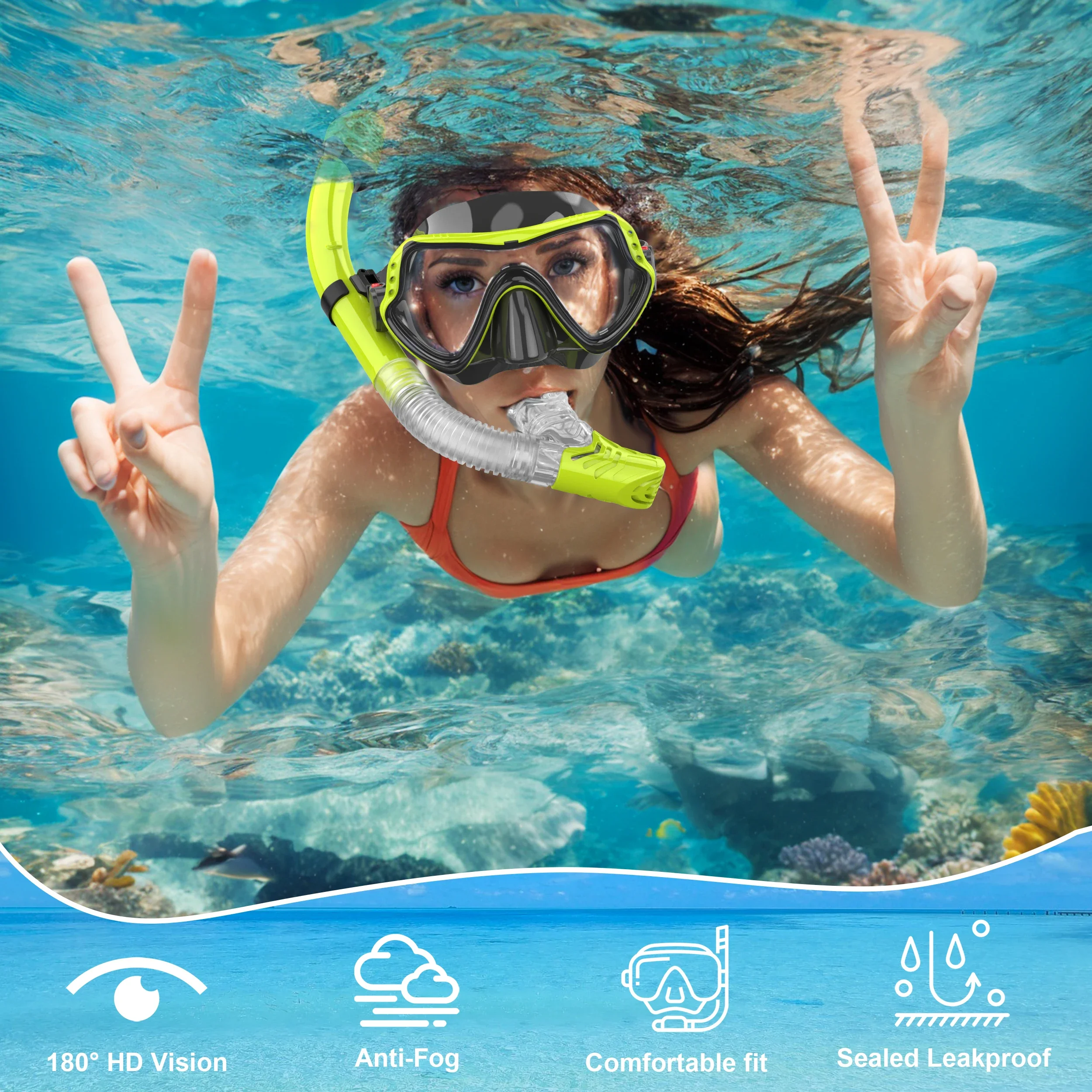 Snorkel Mask Swimming Goggles Scuba Diving Silicone Skirt Tempered Glass Len Wide View Training with Nose Cover Adjustable Strap