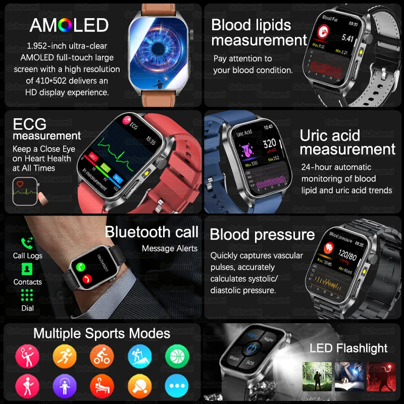 2025New Terapia Laser Salute Smartwatch Schermo in vetro zaffiro ECG + PPG Frequenza cardiaca Lipidi nel sangue Acido urico Smart Watch per uomo Donna