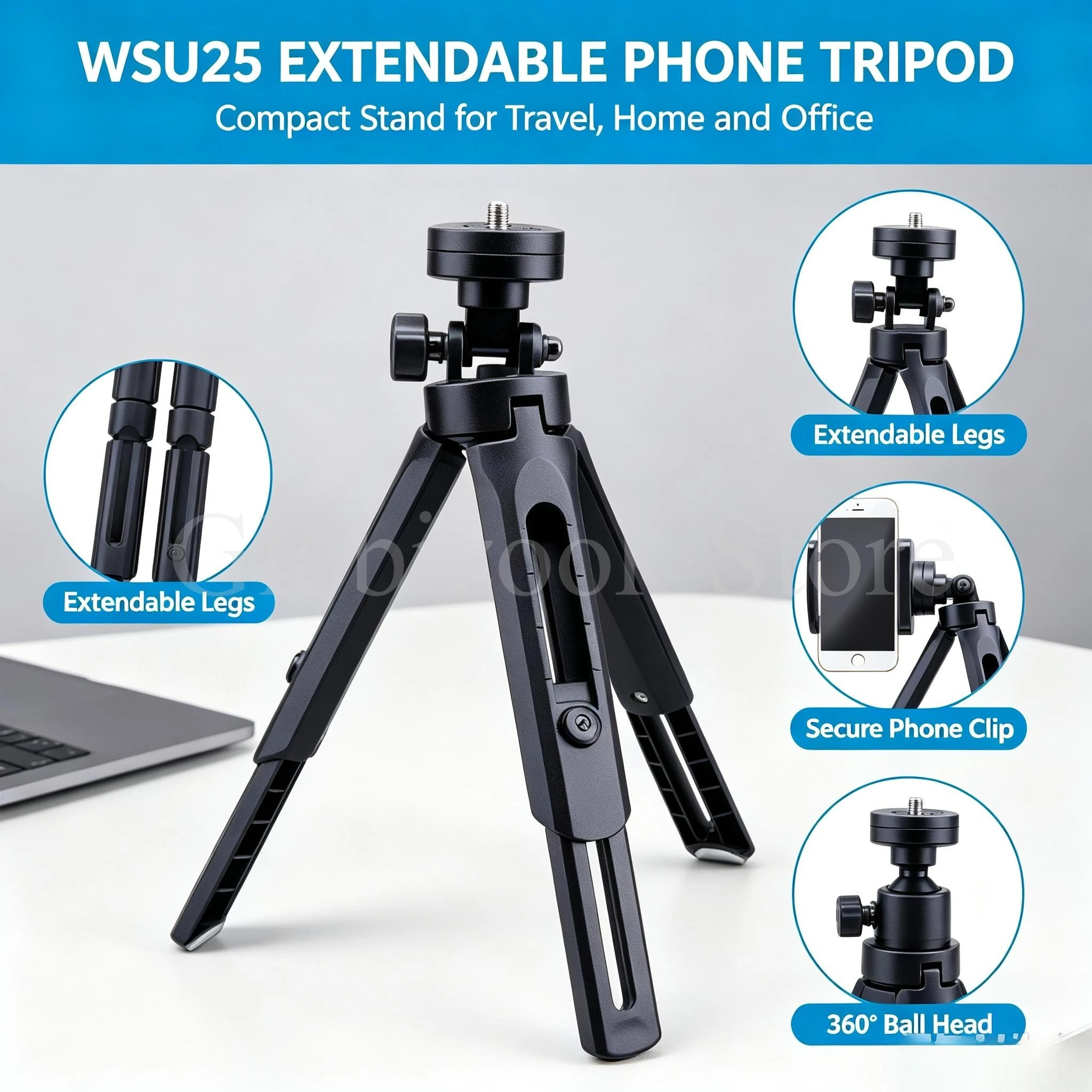 Treppiede per telefono estensibile WSU25, pieghevole e compatto, supporto da tavolo universale per smartphone e fotocamere di piccole dimensioni, altezza massima 280 mm.