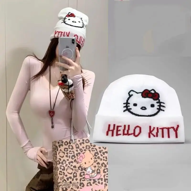 

Зимняя жаккардовая вязаная шапка Sanrio Hello Kitty Kuromi, тонкая стильная шапка-пуловер с куполом, субкультурная горячая девушка, холодная шапка с мультяшным узором