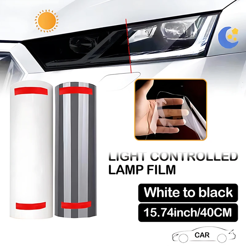 

40CM Transparent to Black Intelligent Light Car Protection Film Repair Scratches Photochromic Modification TPU Headlight Film