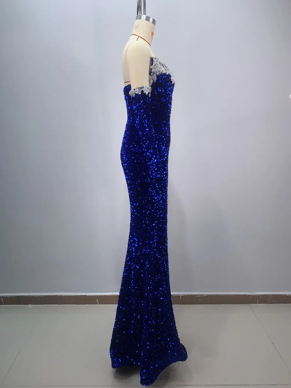 Sexy Deep V-neck Slit Blue Evening Party Gown Chic Women's Clothing Fashion Sequins Diamonds Beading Long Dress 72h Shipment