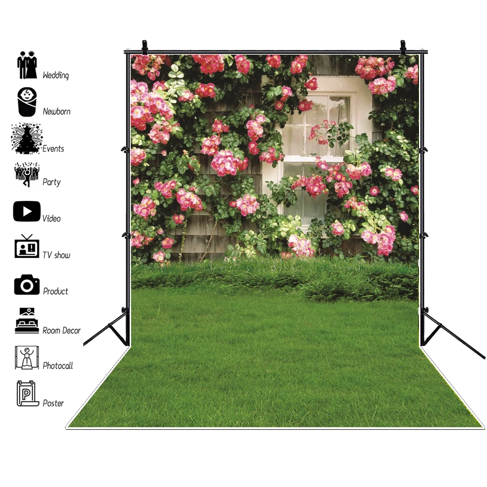 Laeacco 봄 정원 배경 사진 작가, 녹색 잔디 자연 울타리 꽃 사진 배경, 사진 스튜디오 소품