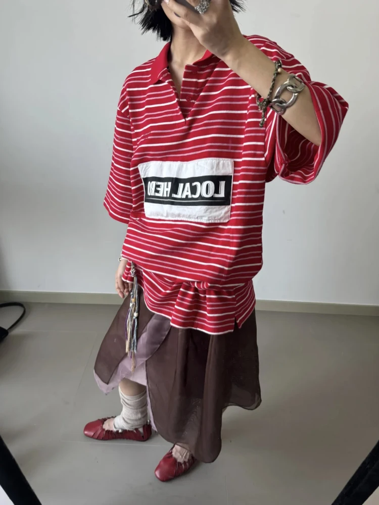 

e Rose 25SS Red Stripe ort Sve Vintage Fooall Patch ex T-irt Breathable Casual Faion Urban Sle