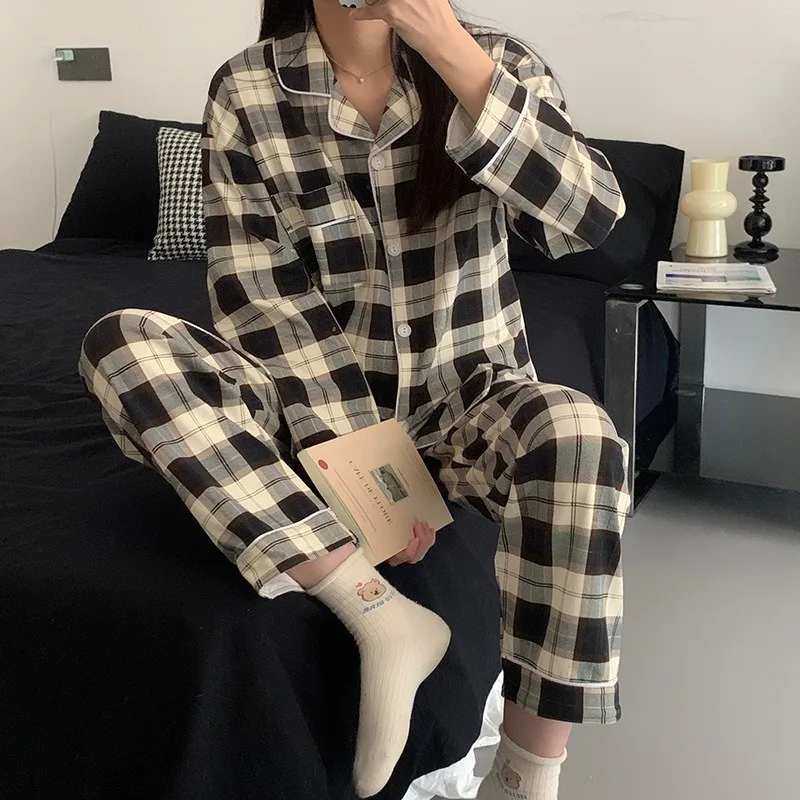 Nightwear Women Korean Version Four Seasons Plaid Long Sleeve Black Cardigan Student Sleepwear Loungewear Wearing Outside