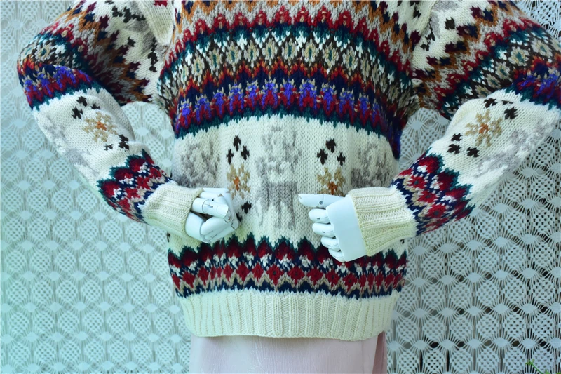 Women Vintage Fair Isle Wool Sweater Retro Reindeer Geometric Knit Pullover Long Sleeve Crew Neck Loose Oversized Winter Warm Et view 5