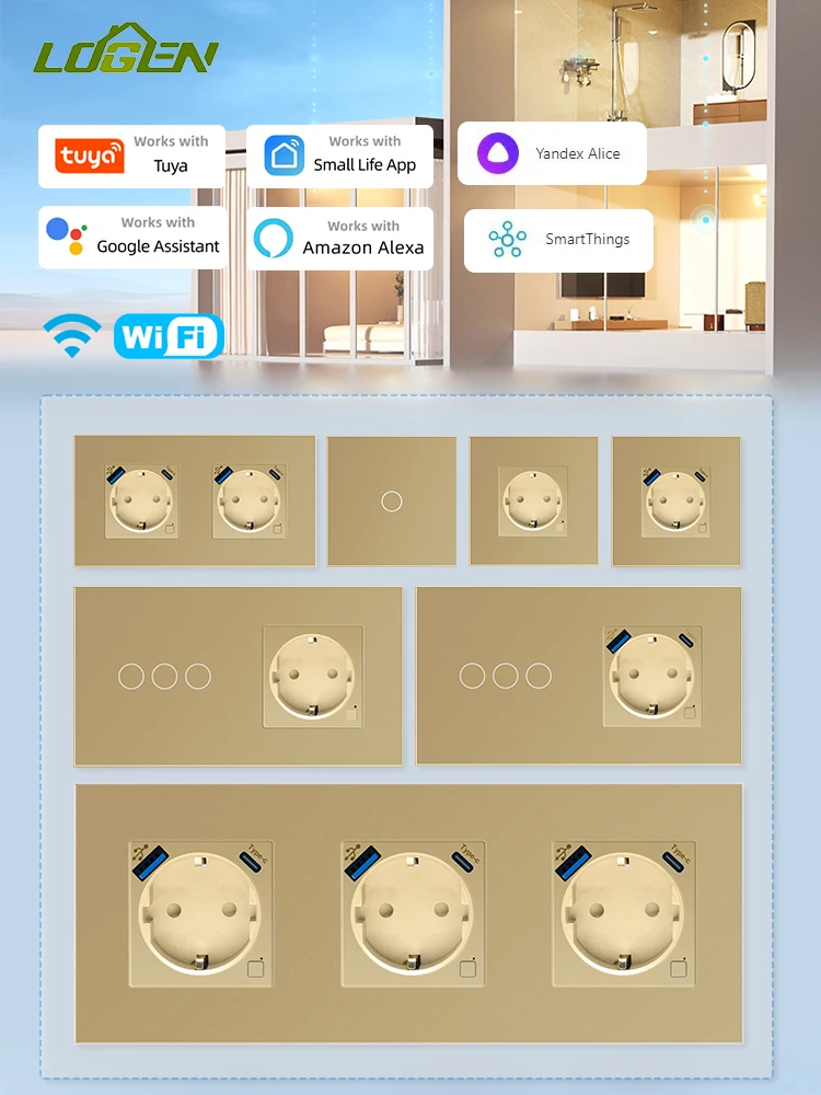 

Logen EU Wifi 1/2/3Gang Smart Touch Light Switch Sockets And Switches Tuya Smart Life Alice Control 220V Need Neutral Wire Gold