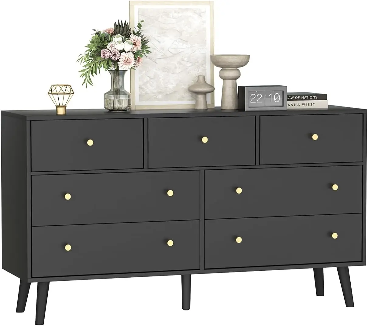 55” Black Dresser, 7 Drawer Dresser for Bedroom with Wide Drawers and Gold Knobs, Wood Dressers & Chests of Drawers