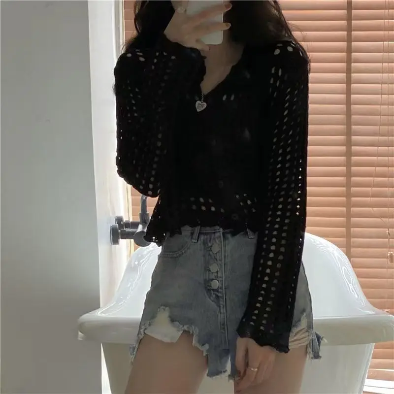 Ngọt Ngào Mỏng Dệt Kim Áo Len Cardigan Nữ Màu Trơn Rỗng Cổ Tròn Áo Len Nữ Spring Mùa Thu Thường Dạo Phố Dệt Kim Cao Cấp