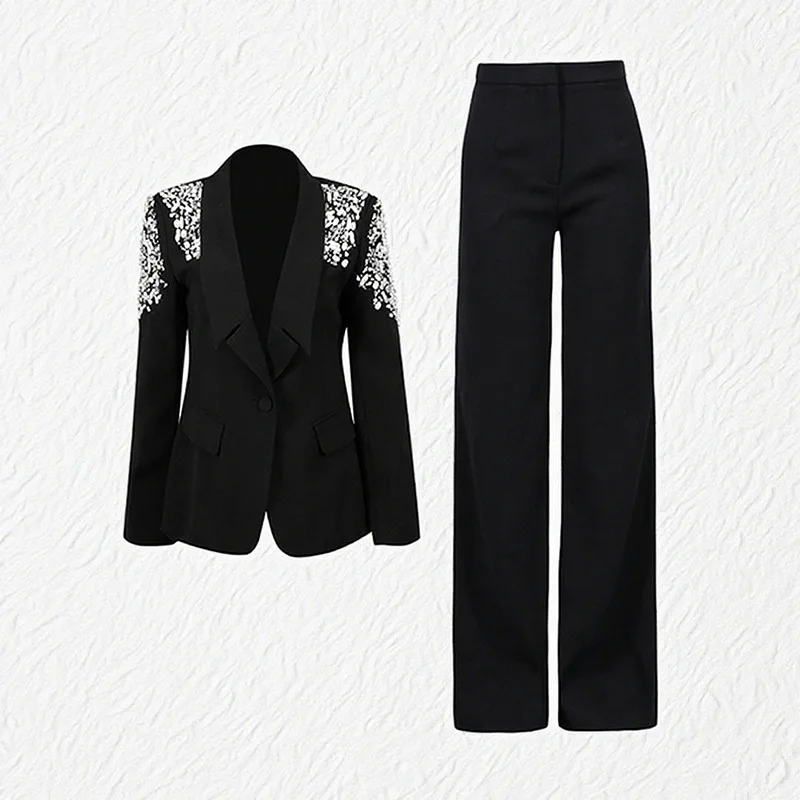 ZAMOR HIGH STREET 2026 New High End Lapel Solid Rhinestone Blazer High Waist Straight Slim Fit Pants Two Piece Set for Women