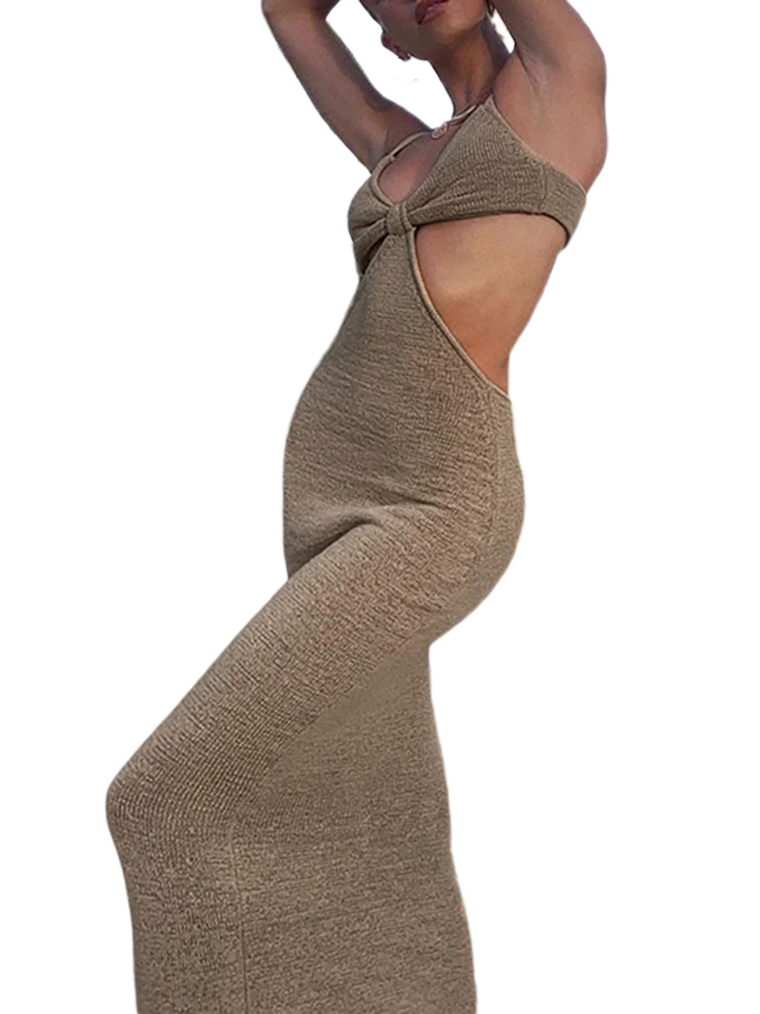 Elegantes, ärmelloses Maxikleid aus Spitze mit V-Ausschnitt und hohem Taillen-Design. Modisches, ausgehöhltes, rückenfreies Damenkleid