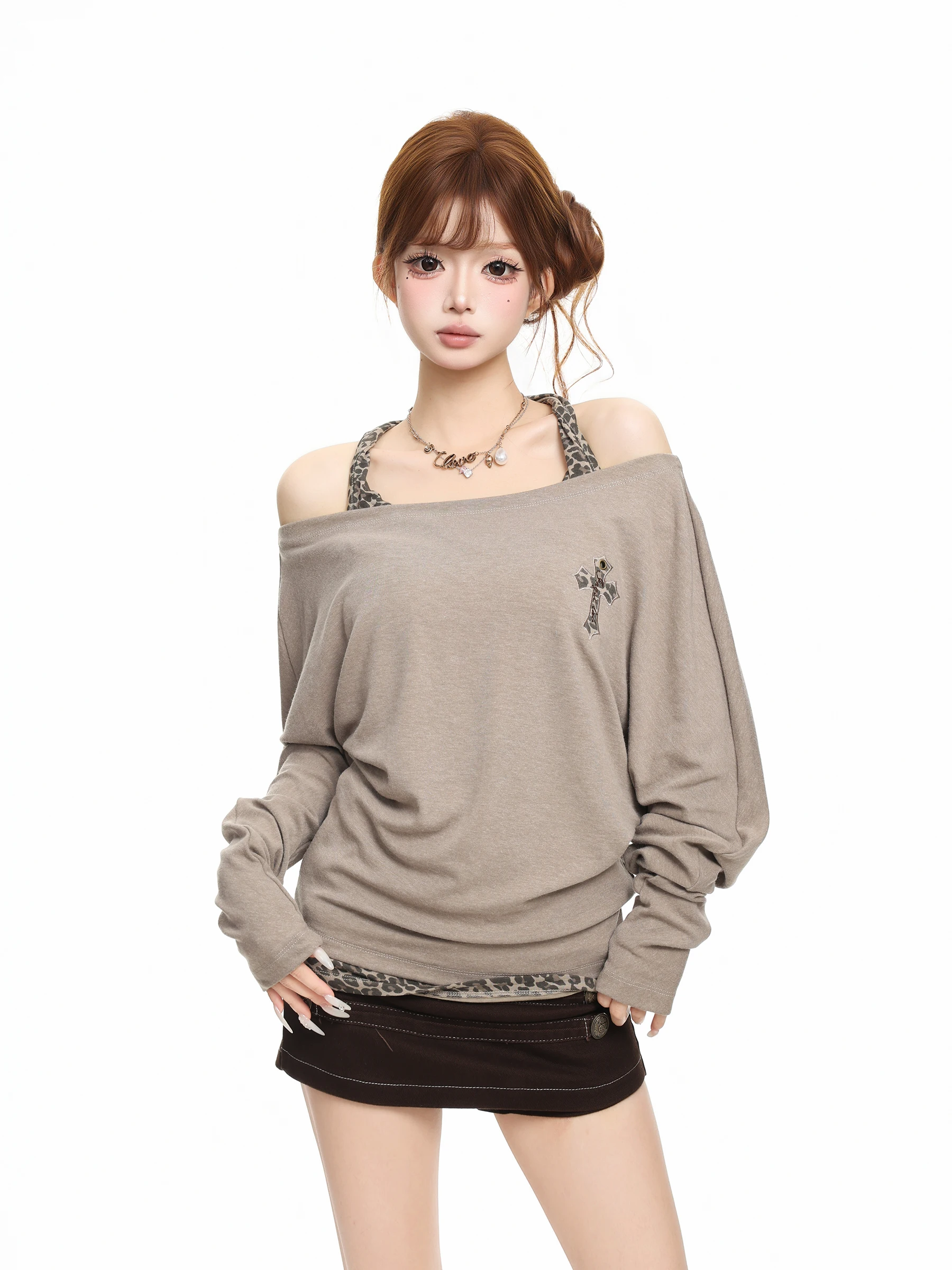 BASTERDS American Style Hot Girl Leopard Print Long Sleeve T-Shirt Women's Autumn Waist Cinching Slimming Top Shoulder Bared