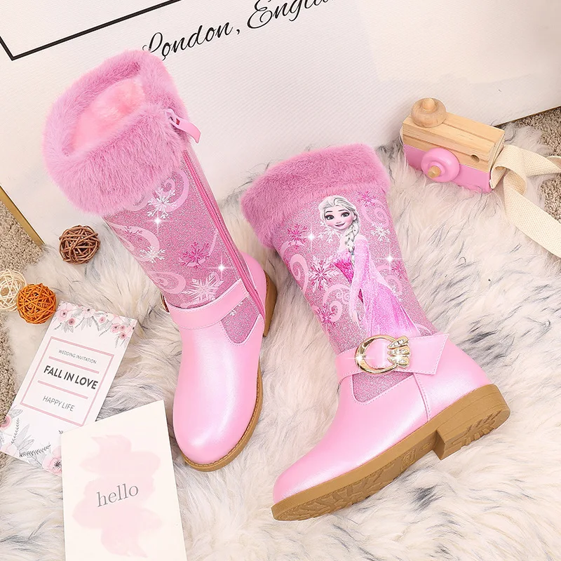 Botas altas para meninas da Disney, botas de neve de pelúcia quente para inverno, estampa congelada, botas infantis acima do joelho, tamanho 25-36