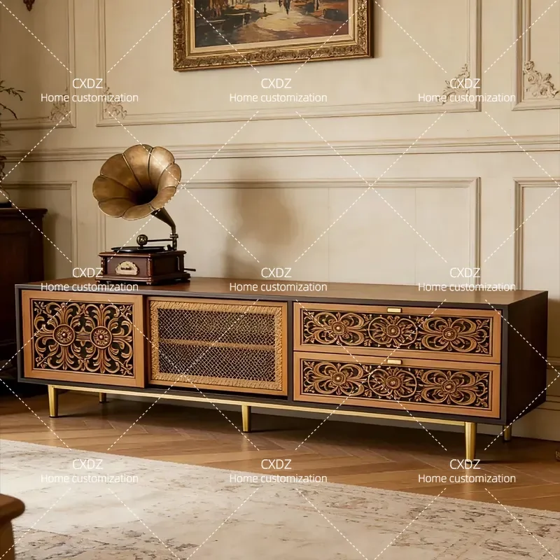 Retro Carved TV Cabinet Gold Foot Living Room Storage Floor Cabinet Antique Audio Visual Cabinet