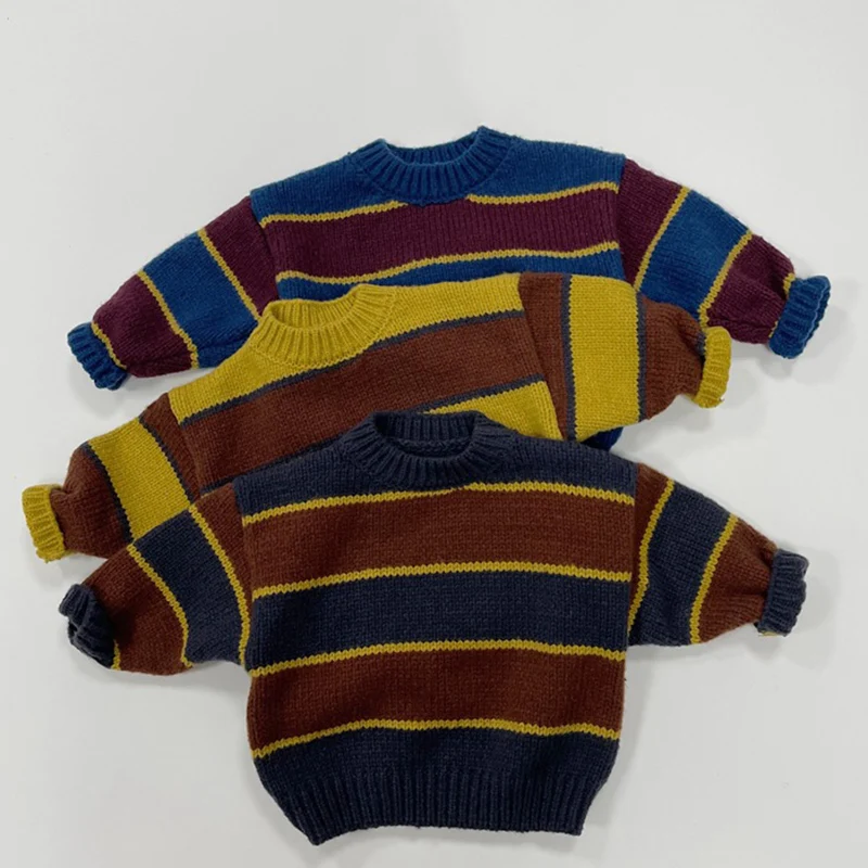 الخريف طفل الفتيان الفتيات ملابس الطفل سترة طفل متماسكة سترة فضفاضة مخطط تريكو طويلة الأكمام القطن الطفل البلوز القمم