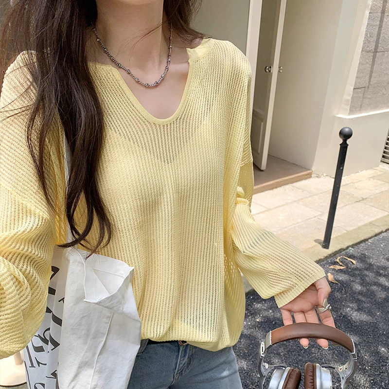 Women Hollow Out Loose Sweater Autumn V-Neck Knitted Pullovers See Through Oversize Tops Y2K Lazy Style Long Sleeve Tops