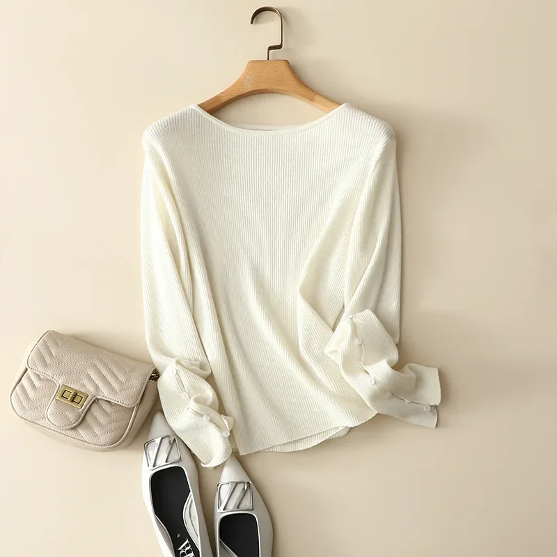 

high-end fashion casual 100% cashmere ribbed knitted crew neck sweaters women buttons sleeve chic pullovers for autumn