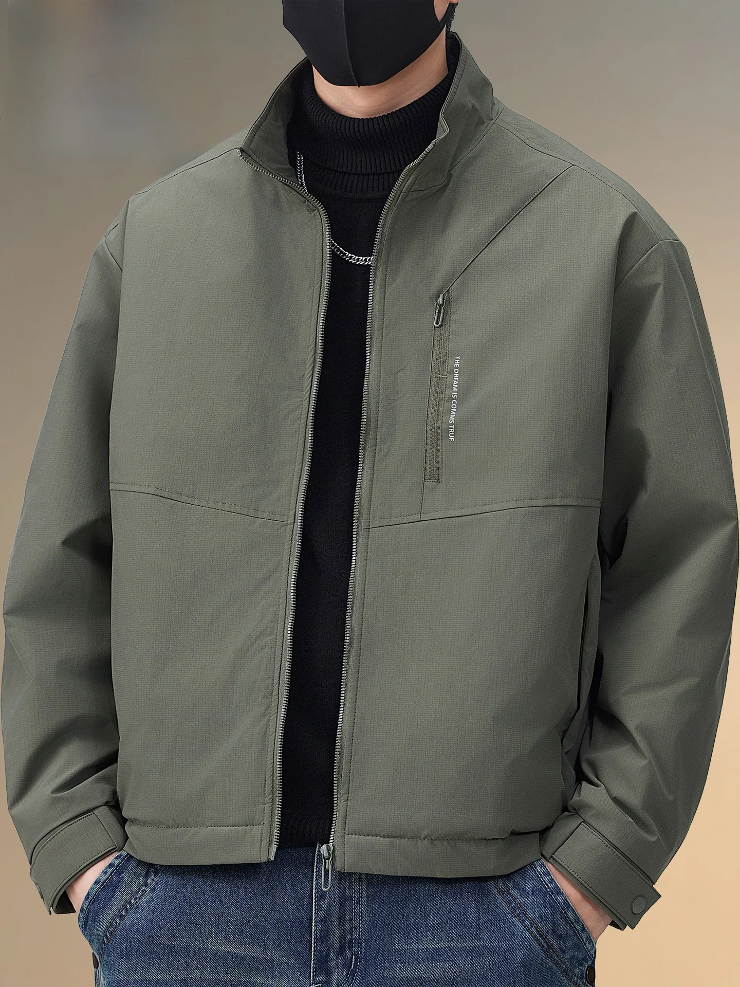 Pierre Cardin Men's Thiened Stand Collar Workwear Sle Jaet Cotton Coat Casual Faion Ci Youth Long Sve Zipper