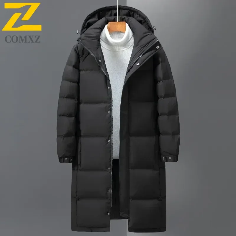 COMXZ Winter Men Long Puffer Jackets Hooded Casual Duck Down Coats Quality Male Snow Windproof Warm Winter Parkas Men Clothing
