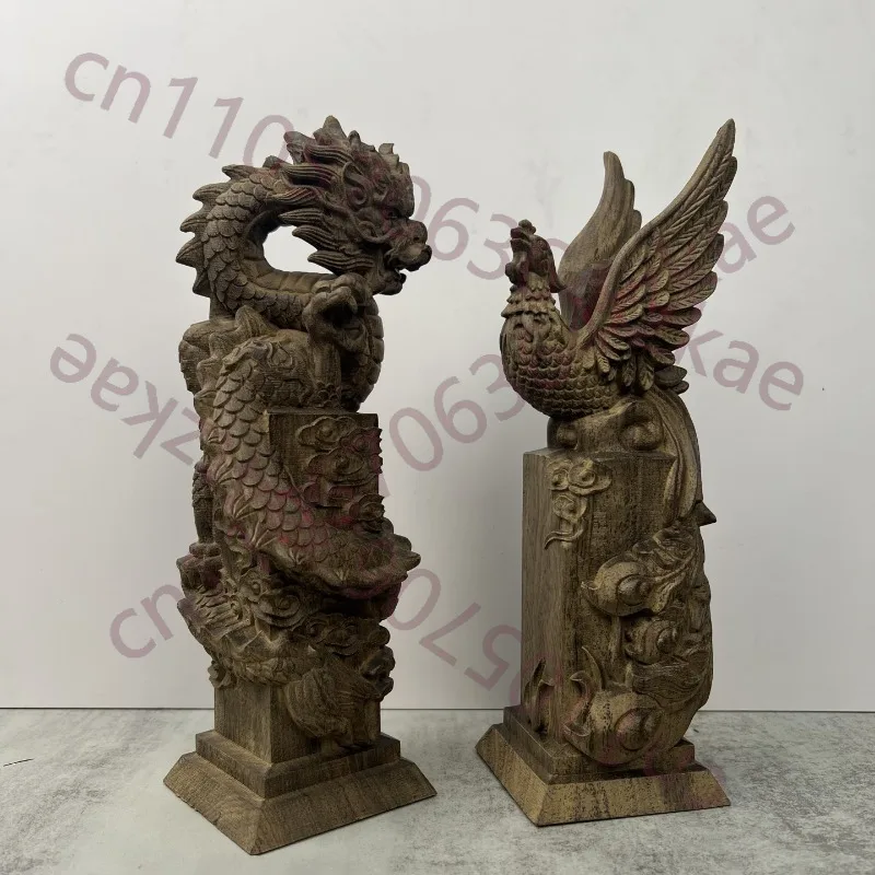 

Hand-Carved Agarwood Dragon & Phoenix Statue - 7.9" Feng Shui Sculpture Home Decor Living Room Ornament