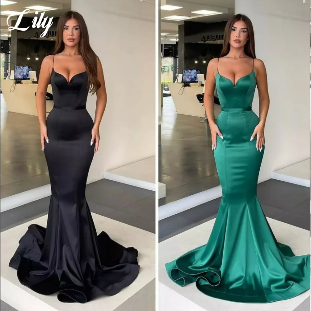 

Lily Black Elegant Evening Dress Satin V-Neck Mermaid Formal Gown Spaghetti Straps Party Dress for Woman robe de bal Customized