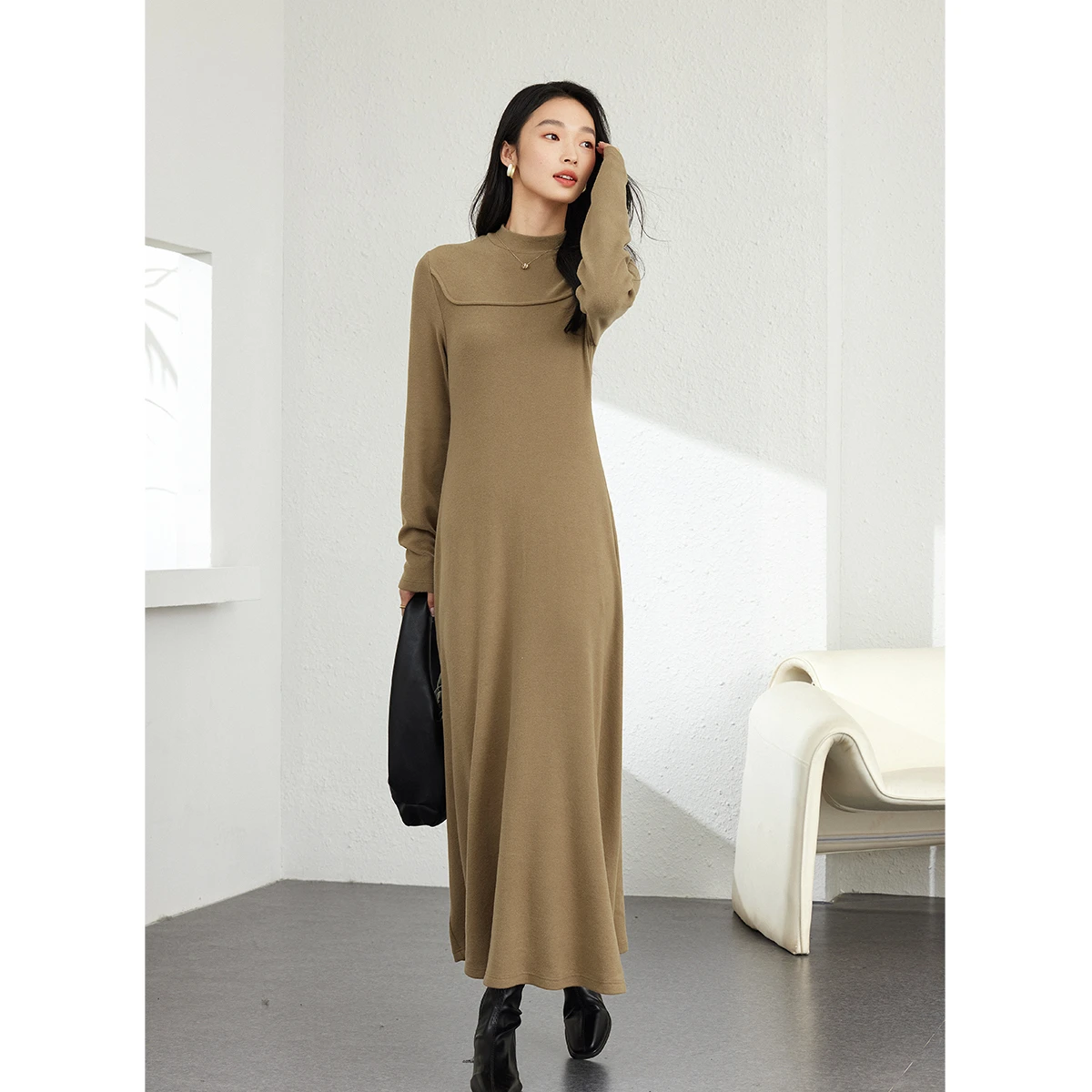 

VIMLY Long Knit Dresses Woman French Half High Collar Evening Dresses 2025 Winter Office Lady A-line Slim Fit Lady Dress M9155