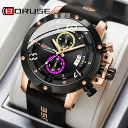 BORUSE Fashion Mens Sports Watches Top Brand Black Quartz Watch Luminous Man Silicone Chronos Business Wrist Watches Waterproof