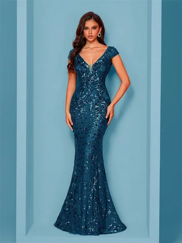 Vestido de noche azul elegante para mujer, largo, sirena de lujo, lentejuelas formales, vestidos de cóctel para fiesta de boda y graduación, 2025