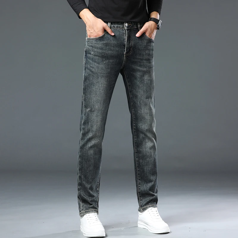 High-end fashion Slim straight jeans men's business stretch embroidery thick bottom denim pants